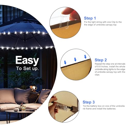 Patio Umbrella Lights Cordless LED Market Table Umbrella Lights with Remote Control Battery Operated Waterproof Parasol String Lights