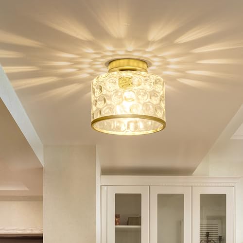 Gold Flush Mount Ceiling Light with Clear Hammered Glass lampshade