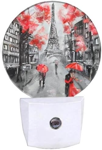 EKOBLA Paris LED Night Light Eiffel Tower Red Umbrella Couple Lovers Kiss France Street Plug-in Nightlights Home Auto Sensor LED Dusk to Dawn Light for Bedroom Bathroom Kitchen Corridor