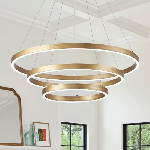 LED 3 Ring Chandelier Gold Brass Dimmable Modern Pendant Light