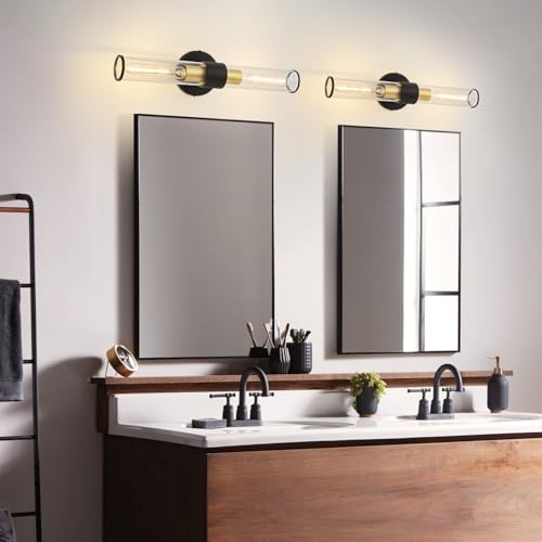 Hardwired Black Gold Vanity Light Clear Glass Wall Sconce
