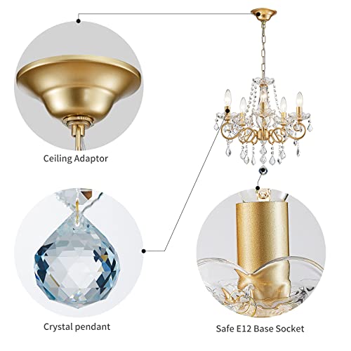 Mini Crystal Chandelier K9 Crystal Gold Chandelier for Living Room Bedroom Dining Room Kitchen Island Entryway 5 E12 Bulbs High 16.5 in x Diameter 16.9 in