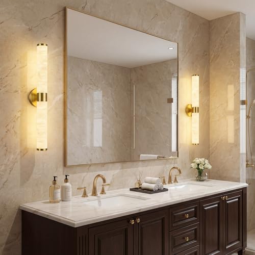 Natural Alabaster Wall Sconces Modern Gold LED Wall Lights 24" Spanish Marble Cylinder Sconces for Living Room Bedroom Bathroom Hallway