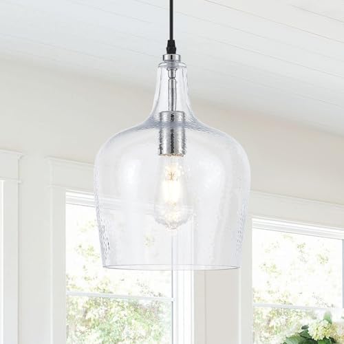10”Chrome Hammered Glass Pendant Light Modern 1 Light Single Dome Pendent Lighting Fixtures for Kitchen Island Dining Room Hallway