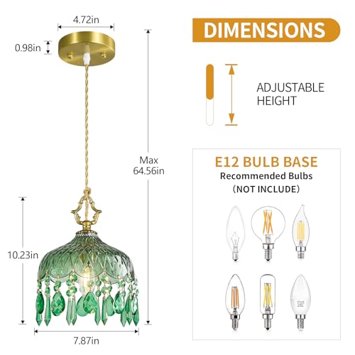 Brass Vintage Pendant Light Green Crystal Hanging Light Fixtures