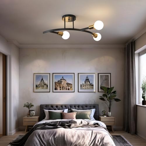 3 Lights Modern Sputnik Semi Flush Mount Ceiling Light Fixture Black and Gold