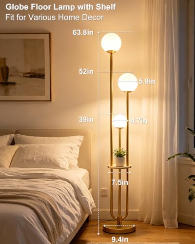 63IN Dimmable Gold Floor Lamp with Shelf Mid Century Standing Lamps with 3000K Bulbs Included Modern Globe Floor Lamp for Living Room (3 Count)