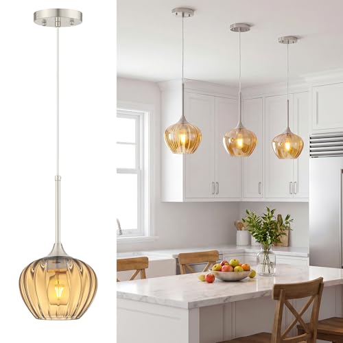 Amber Glass Pendant Lights Kitchen Island with Brushed Nickel FInish