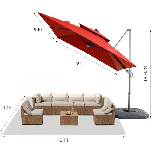 9x9 FT Cantilever Offset Patio Umbrella with Lights & Base