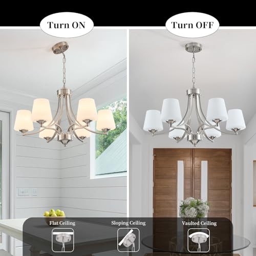 6 Light Brushed Nickel Chandeliers for Dining Room with Frosted Glass Farmhouse Silver Ceiling Hanging Lighting Fixtures Classic Pendant Lamp for Living Room