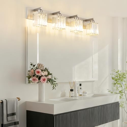 Brushed Nickel Bathroom Lighting Fixtures 4 Light Crystal Modern Bathroom Vanity Light