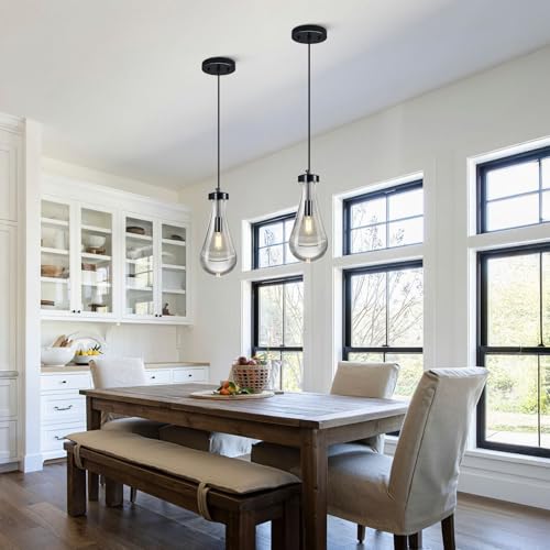 Raindrop Pendant Lights Kitchen Island Teardrop PlatingBlack Hanging Light Fixtures Clear Solid Glass Pendant Light Modern Chandeliers for Dining Room Porch Corridor Living Room (2 Count)