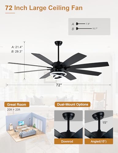 72" Large Black Modern Ceiling Fans with Lights