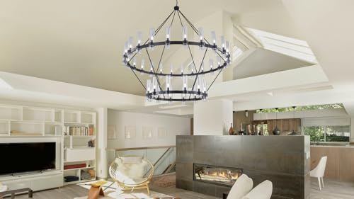 70 Inch Black Wagon Wheel Chandelier 2 Tier with Glass Shade