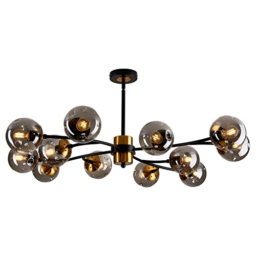 12 Light Large Sputnik Chandelier with Glass Globe Mid Century Modern Matte Black and Gold Ceiling Light Fixture Vintage Pendant Lighting for Dining Room Bedroom Kitchen Living Room Foyer