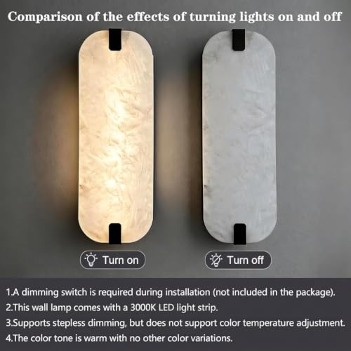 15.75" 1PCS Natural Marble Alabaster Wall Sconce Modern Hardwired Wall Light Fixture for Bedroom Marble Wall Sconce Natural Stone Material Wall Lamp for Stairs Suitable for Indoor Installation