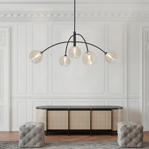 5 Light Modern Brass Chandelier Fixture Globe Glass Shade Pendant Light Black Kitchen Large Chandelier for Dining Room Kitchen Bedroom