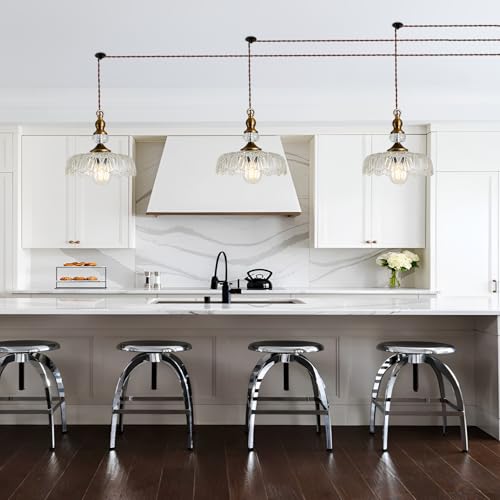 Plug in Glass Pendant Light Fixture Brass Vintage Adjustable Chandelier Brushed Gold Hanging Ceiling Light for Farmhouse Hallway Bedroom Foyer Kitcken Dining Room Island