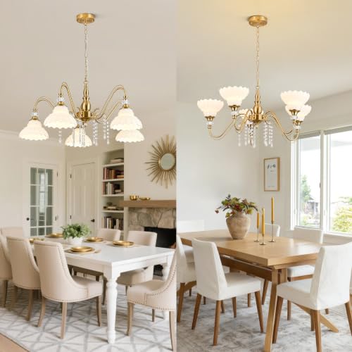 5 Light Vintage Chandelier in Brushed Gold Finish with Flower (5-Light / Gold and White)