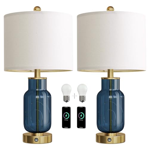 22" Glass Table Lamps Set of 2 with LED Nightlight for Bedroom (2 Count)