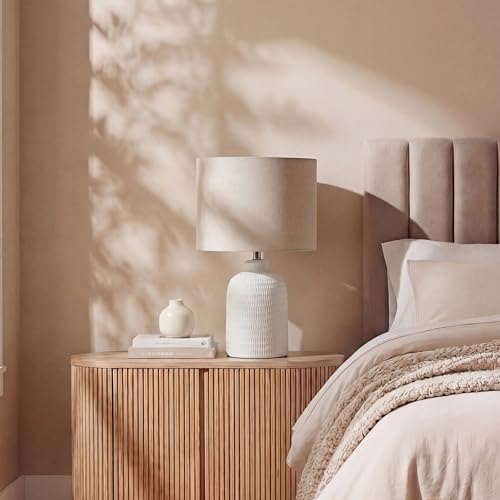 Home 24" White Textured Ceramic Table Lamp with Tan Linen Shade