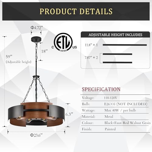 24" 6 Light Industrial Drum Chandelier with Red Walnut Grain