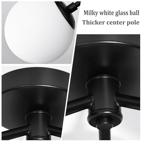 3 Light Mid Century Modern Black Semi Flush Mount Ceiling Light Milk Glass Globe Ceiling Lights Black Chandelier 3 Light Sputnik Ceilings Light Fixture for Bedroom Living Room Hallway Entryway