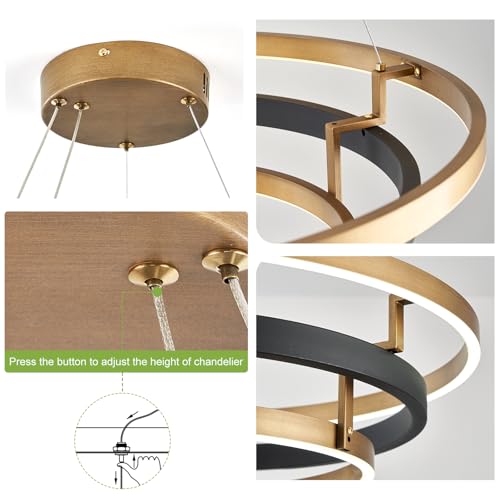 Modern LED Chandelier Black Gold Dimmable 3 Ring Pendant Light for Dining Room