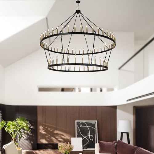 Rustic Farmhouse Wagon Wheel Chandelier Black+Brushed Brass Large Chandeliers for High Ceilings 2 Tier 80Lights 78.7 Inch for Dining Room Living Room Foyer Porch Kitchen Island