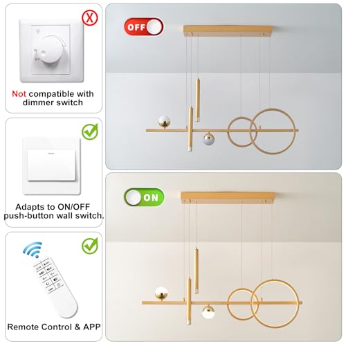 LED Gold Chandelier for Dining Room 39in Dimmable Modern Chandelier