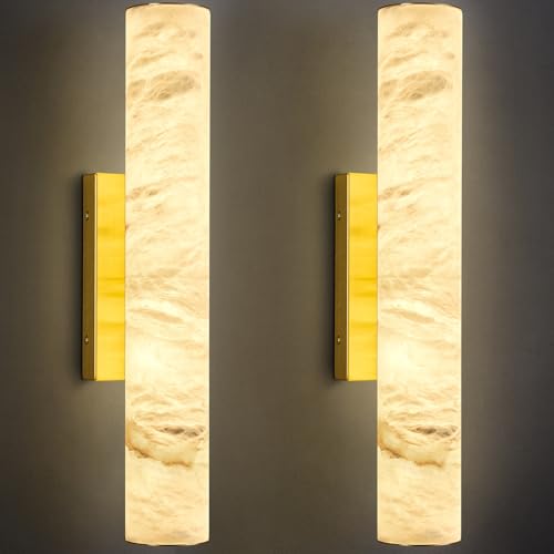 Natural Alabaster Wall Sconces Set of Two Spanish Marble Wall Light Cylinder Modern Gold LED Sconce for Bedroom Bathroo Stairs Living Room（S