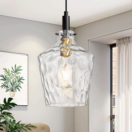 Hammered Glass Pendant Light for Kitchen Island 1 Pack Black Gold 8 Inch