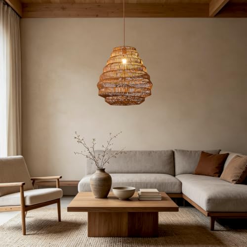H-20.1" Hand-Woven Rattan Chandelier, Boho Layered Teardrop Pendant Light with Open-Weave Basket Shade, Natural Brown Wicker Pendant Lamp for Kitchen Island, Dining Room, Living Room, Bedroom