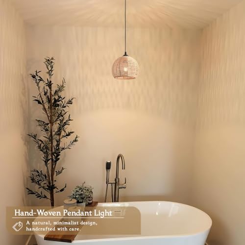 2 Pack Wicker Pendant Light Natural Woven Pendant Light Boho Chandelier Light Fixture Dome Rustic Farmhouse Pendant Lights Rattan Light Fixture for Kitchen Island Dining Room