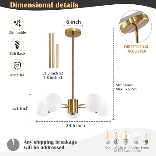 5 Light Globe Sputnik Chandelier Mid Century Sputnik Chandeliers Modern Gold Globe Pendant Light Brushed Brass Finished with White Frosted Glass Lampshade for Dining Room Bedroom Kitchen