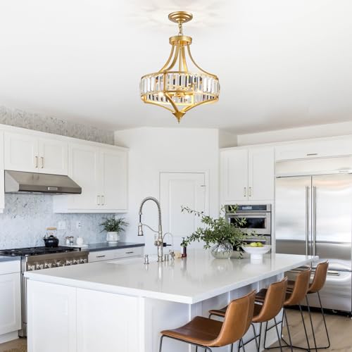 Gold Chandeliers for Dining Room Modern Round Crystal 4 Lights Rustic Pendant Lighting Fixture with Metal Lampshade for Living Room Hallway Bedroom Foyer