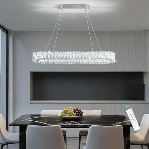 Modern Crystal LED Chandelier Dimmable Oval Chandeliers Rectangular Dining Room Light Fixture with Remote for Living Room Kitchen Island Silver