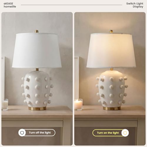 26'' Modern White Ceramic Linden Table Lamp & Fabric Tapered Drum Shade with Brass Base for Living Room