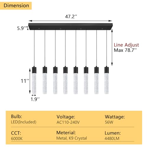8 Lights Modern Crystal Chandeliers for Kitchen Island Pendants Lighting Fixture for Dining Room LED Ceiling Light for Hallway Foyer 6000K Black