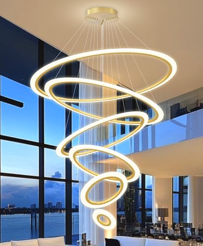 Modern LED Dimmable Chandelier 6 Ring High Ceiling Large Chandelier for Living Room Hanging Light Fixture for Foyer Staircase Gold