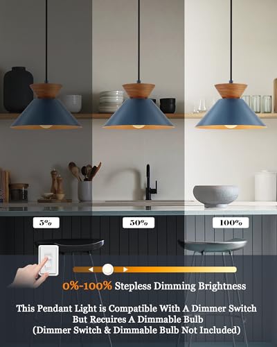 10 Inch Modern Pendant Light Fixture Farmhouse Solid Wood Hanging Lamp with Navy Blue Metal Shade & Gold Inner Finish Adjustable Pendant Light for Kitchen Island Dining Room Bedroom Modern Blue