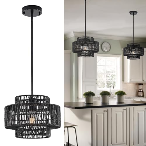 12.4" Black Rattan Pendant Light for Kitchen