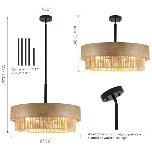 23.6" Large Wood Texture Drum Chandelier for Dining Room with Woven Rattan