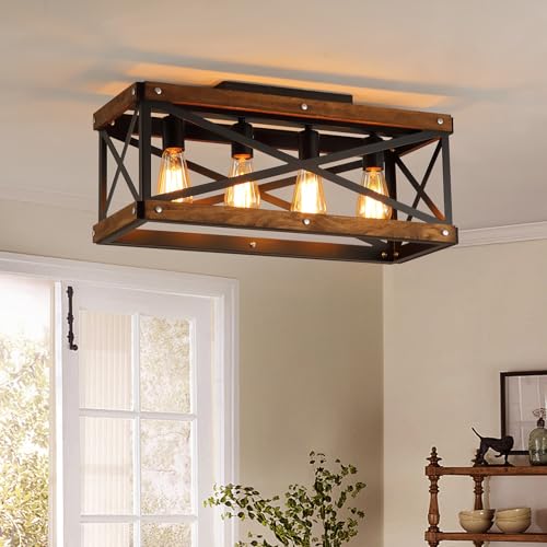 4 Light Large Rustic Farmhouse Wood Flush Mount Ceiling Light Fixture 23.6 inch Oak Wood and Metal Rectangular Track Semi Flush Mount Ceiling Light for Kitchen Living Room Bedroom Indoor