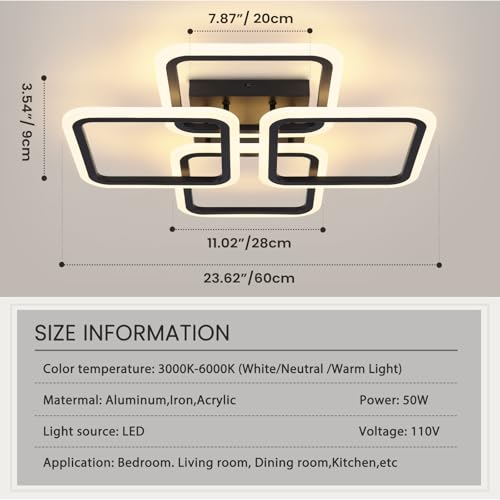 23.6inch Modern LED Ceiling Light 50W Dimmable Ceiling Lamp with Remote Control Square LED Flush Mount Ceiling Light Dining Room