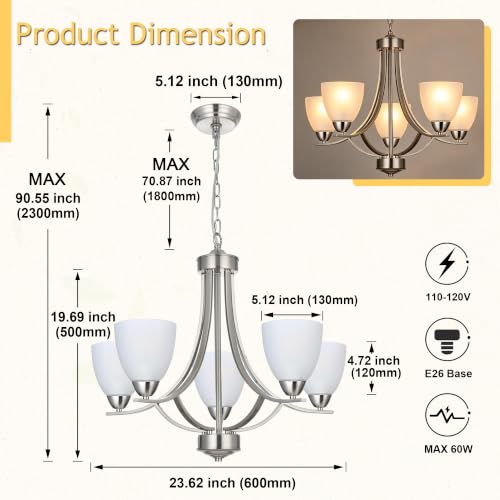 5 Light Contemporary Chandeliers Brushed Nickel Modern Light Fixtures Ceiling Hanging Industrial Pendant Lighting for Foyer Bedroom Dining Room Bathroom