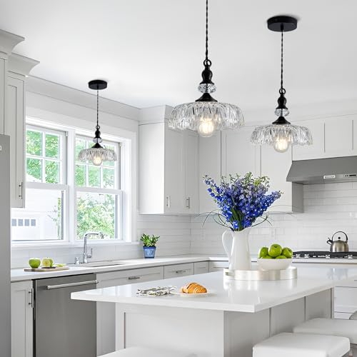 Vintage Glass Pendant Light Fixture Black Modern Adjustable Chandelier Hanging Light for Farmhouse Dining Room Kitchen Bedroom Hallway Island