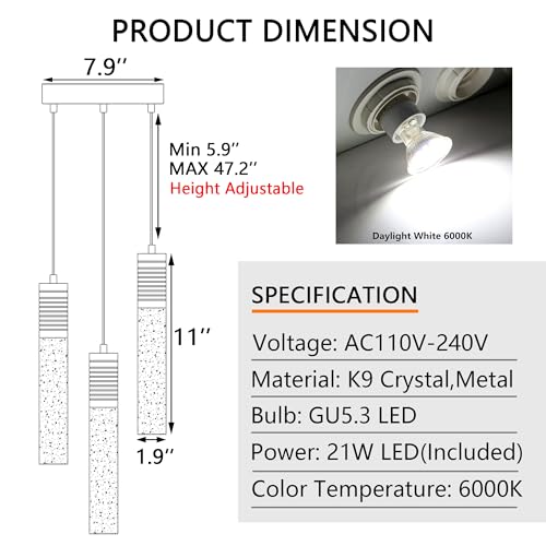 3 Lights Pendants Light for Kitchen Island Chandeliers Dining Room Pendant Lighting Fixture Bubble Crystal Ceiling Hanging Lights Bedroom Island Kitchen 6000K White Light Fixtures Black