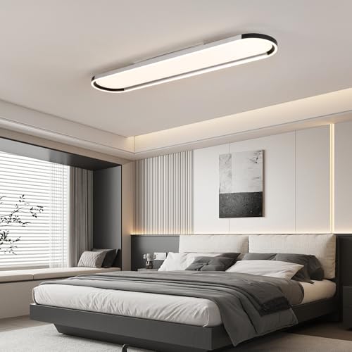 Modern LED Ceiling Light Dimmable Linear Ceiling Light 39.4in Semi Flush Mount Long Lights with Remote Control and Down Lighting for Living Room Kitchen Dining Room Black & Silver