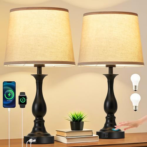Bedside Table Lamp Touch Control Bedroom Lamps with USB A and C Charging Port 3 Way Dimmable Touch Lamps for Nightstand Living Room Bedroom Dorm Home Office Reading (2 Count)